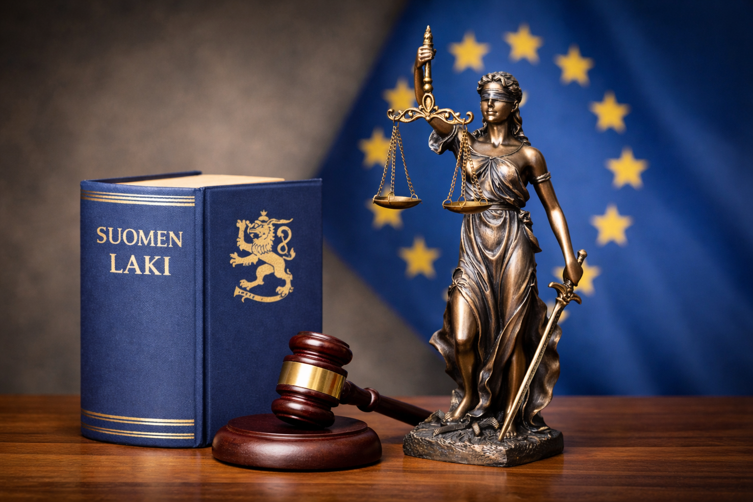 Suomen laki, tuomarin nuija ja Lady Justice. taustalla EU-lippu