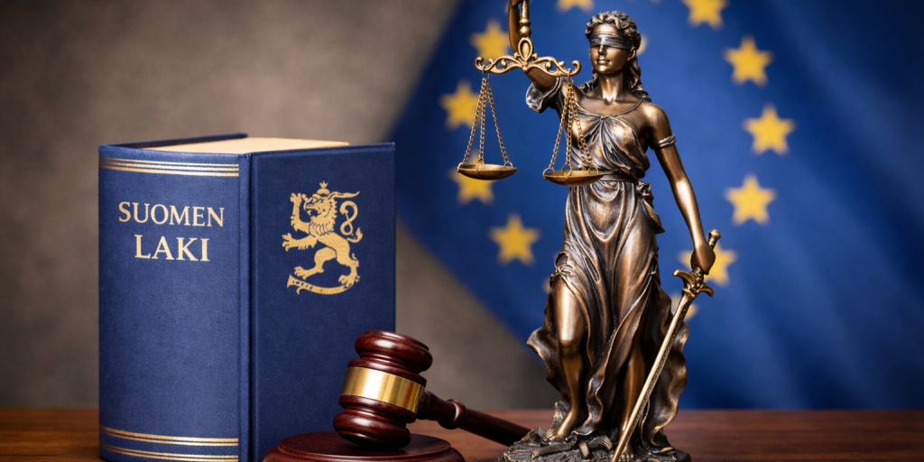 Suomen laki, tuomarin nuija ja Lady Justice. taustalla EU-lippu