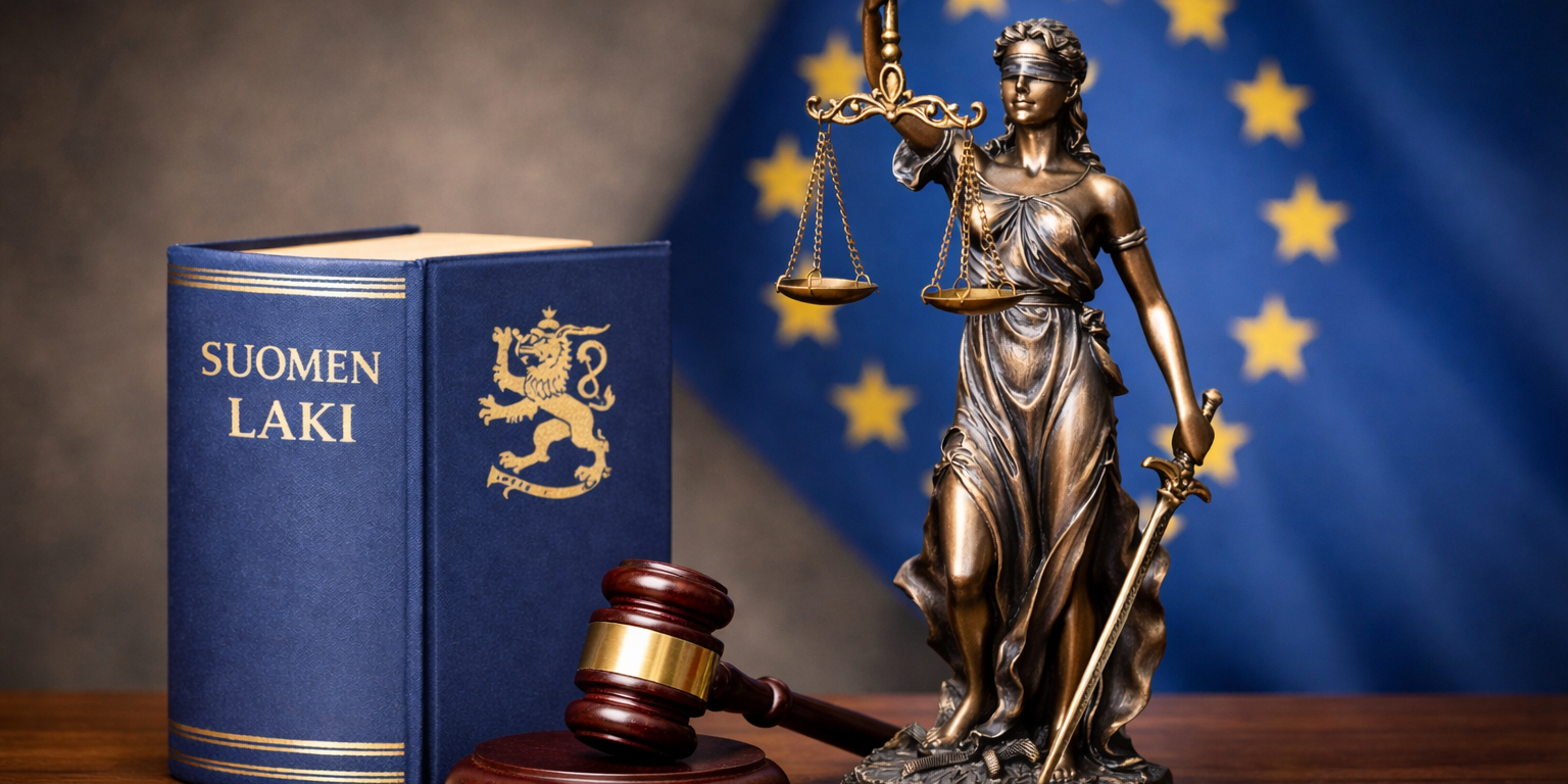 Suomen laki, tuomarin nuija ja Lady Justice. taustalla EU-lippu